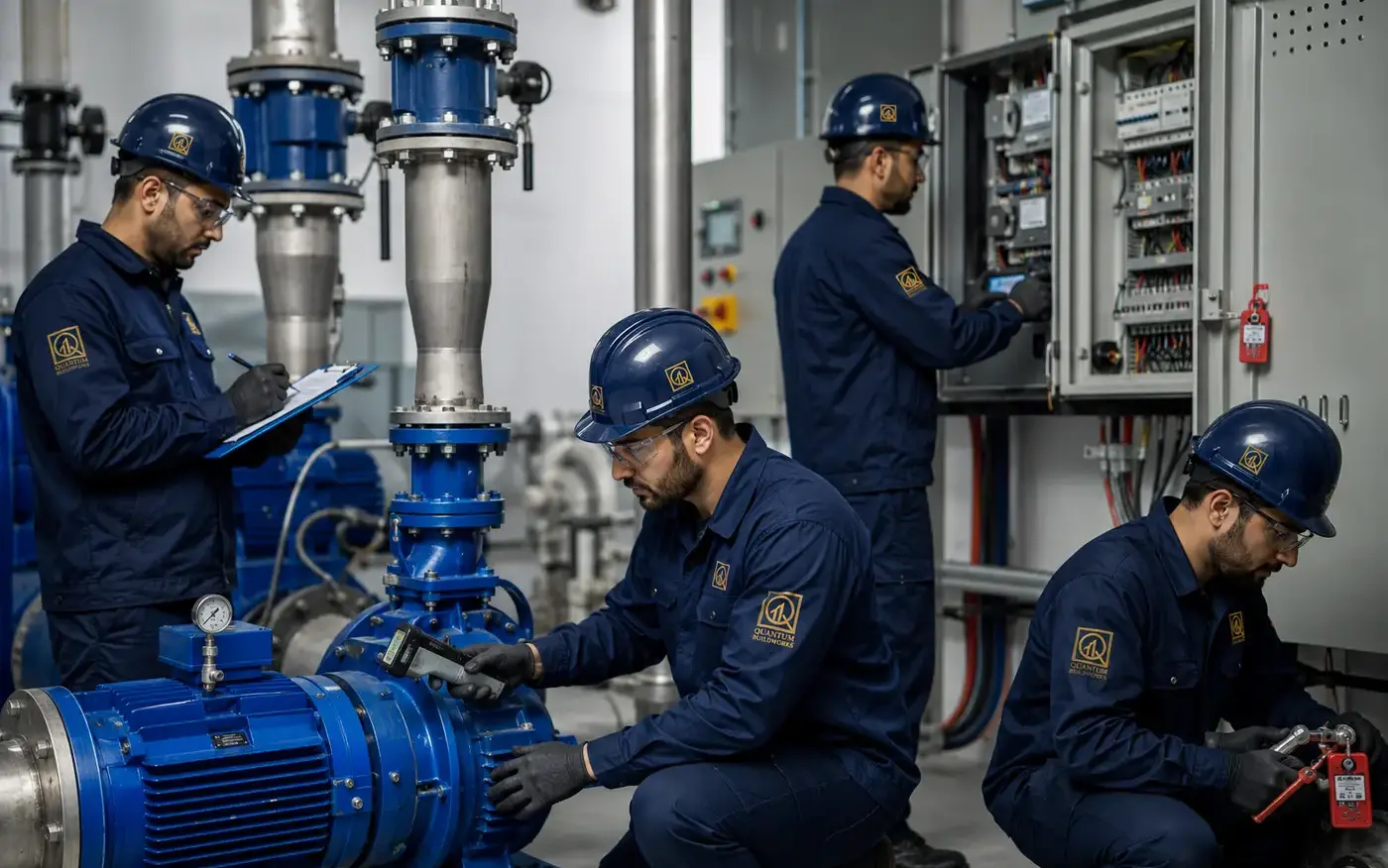 Quantum Buildworks facility maintenance technicians performing preventive plant and electrical inspections