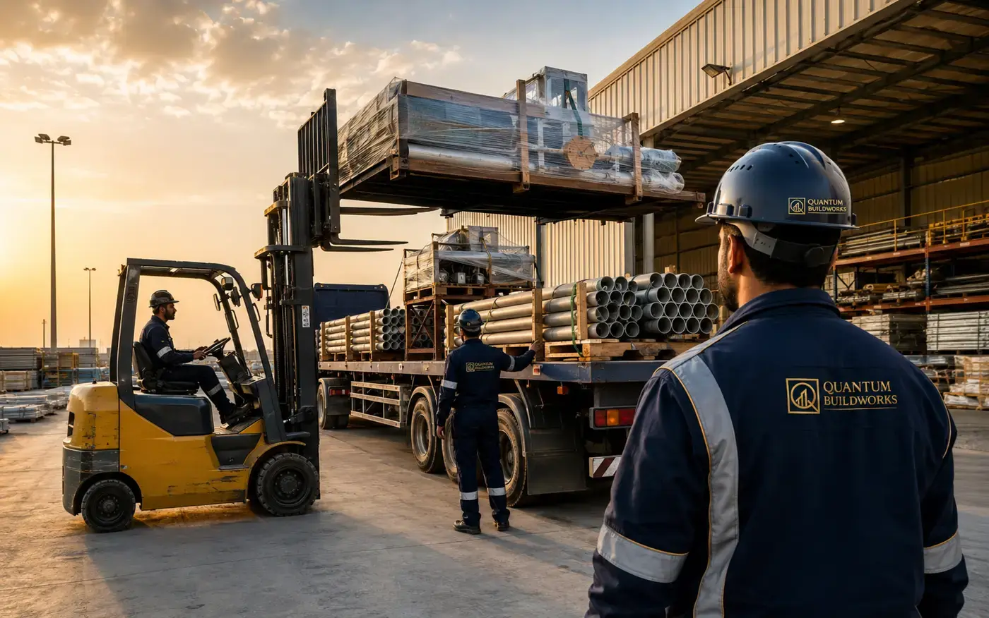 Quantum Buildworks logistics team safely loading pipes and technical materials for project delivery