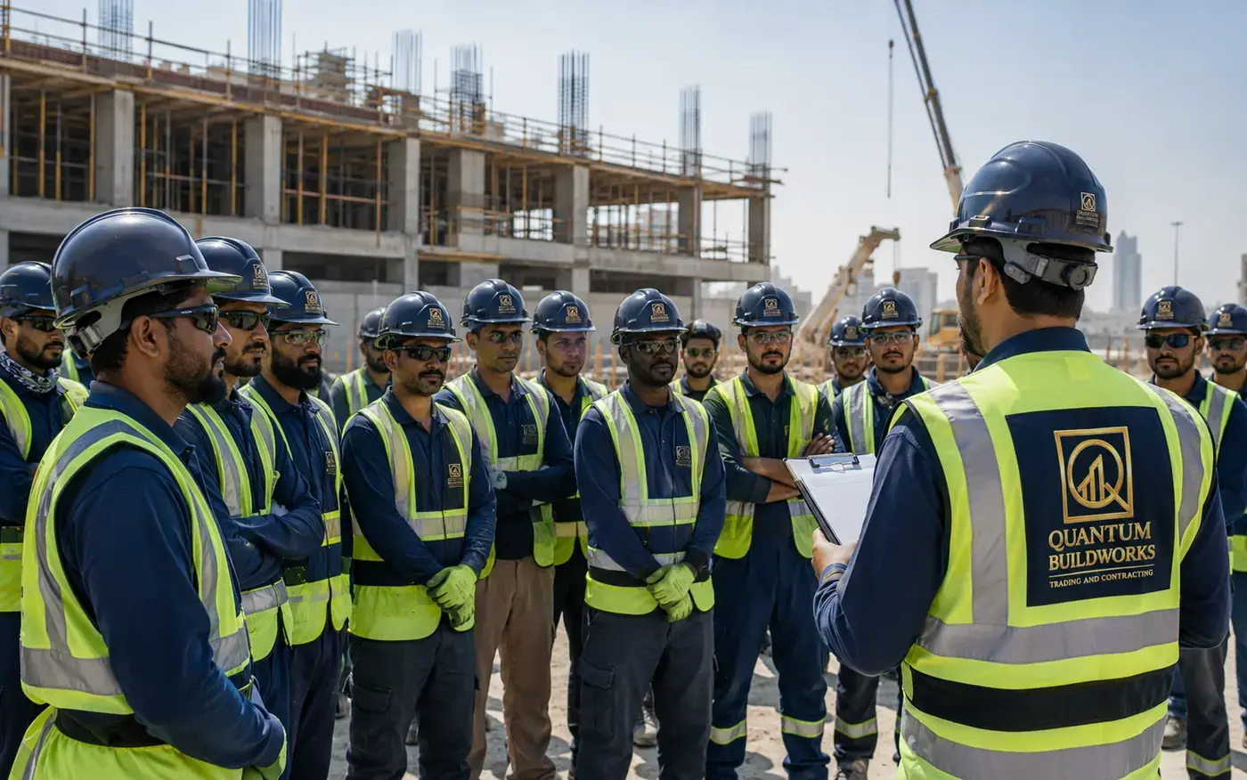 Quantum Buildworks skilled workforce attending a safety toolbox briefing on a GCC construction site
