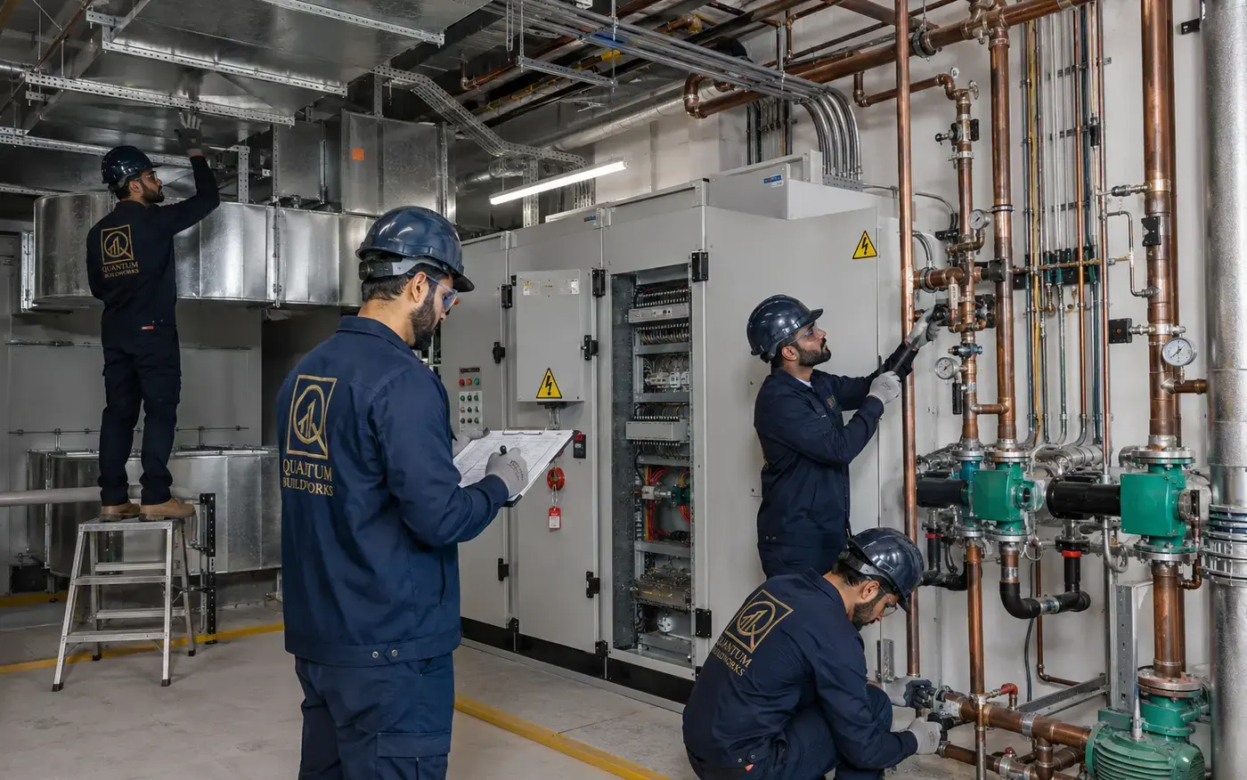 Quantum Buildworks MEP team reviewing plumbing, drainage and technical building-system requirements