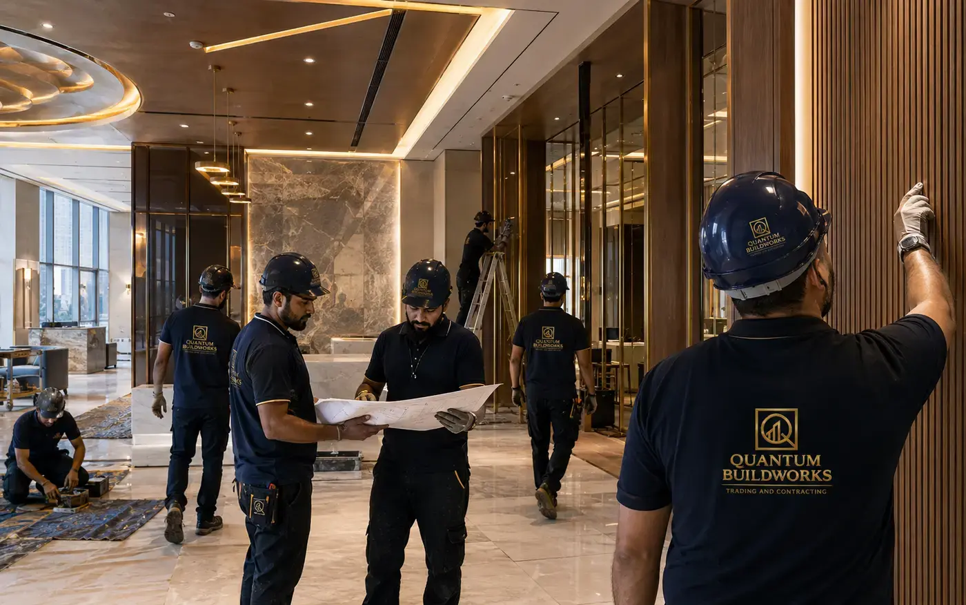 Quantum Buildworks fit-out crew coordinating renovation and interior finishing works