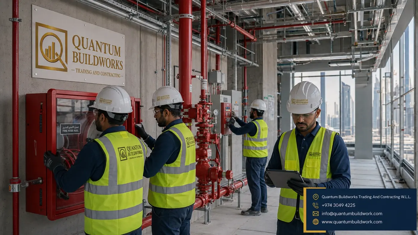 Quantum Buildworks team supporting fire protection system inspection in a commercial building