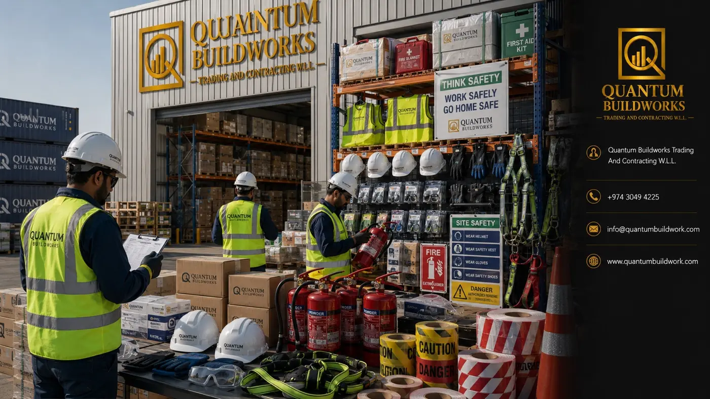 Quantum Buildworks team coordinating PPE, fire-safety equipment and site-safety material supply